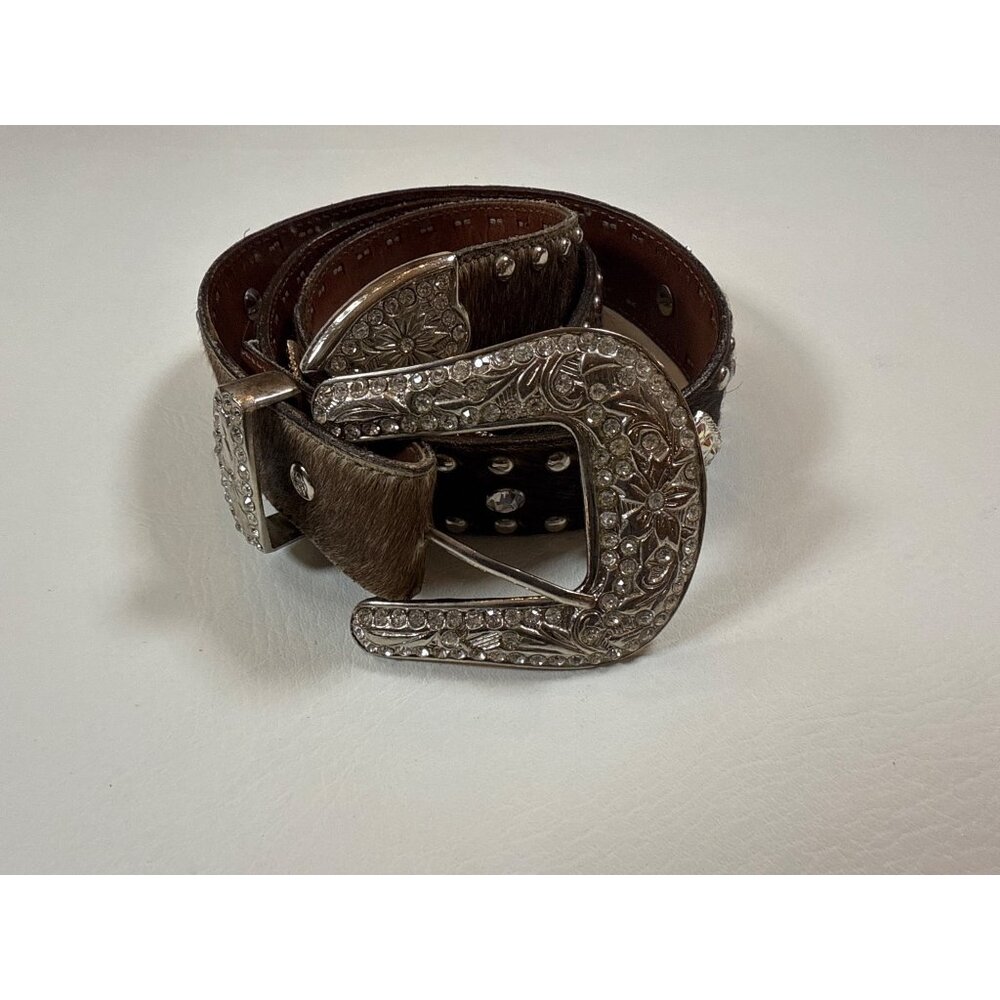 Handcrafted Leather Cowhide Belt Western Style Rhinestones Floral Buckle Design - Picture 3 of 9